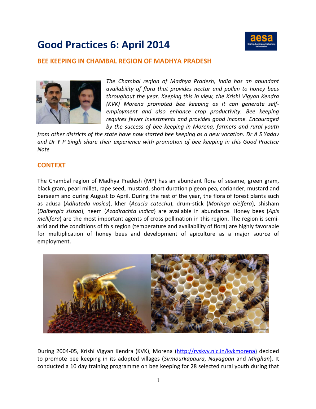 Good Practices 6: April 2014 BEE KEEPING in CHAMBAL REGION of MADHYA PRADESH