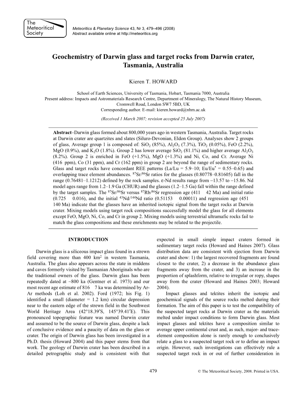 Geochemistry of Darwin Glass and Target Rocks from Darwin Crater, Tasmania, Australia