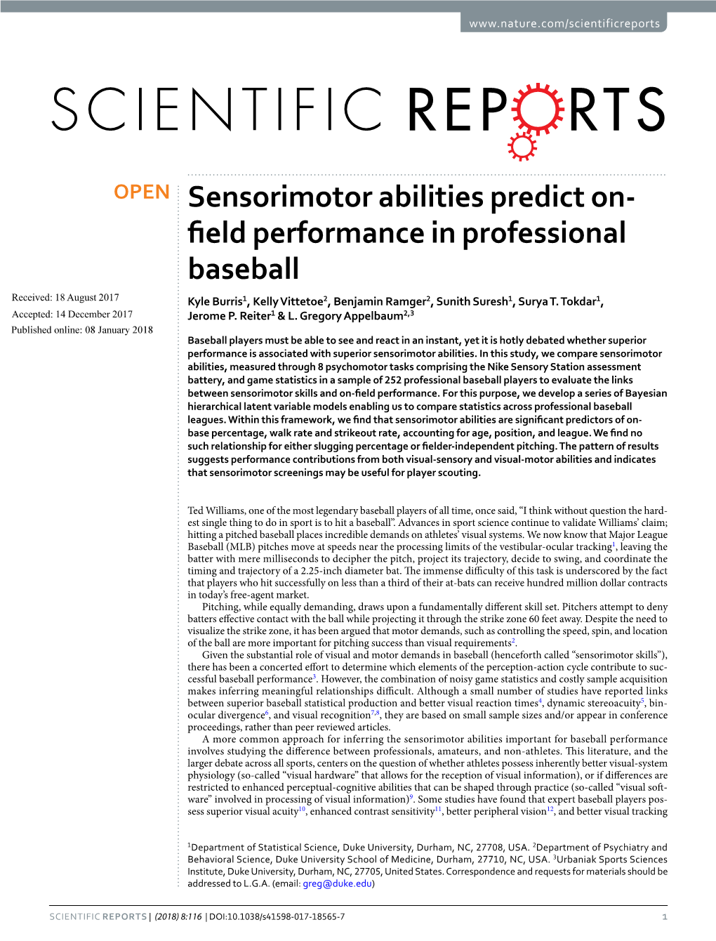 Sensorimotor Abilities Predict On-Field Performance in Professional Baseball