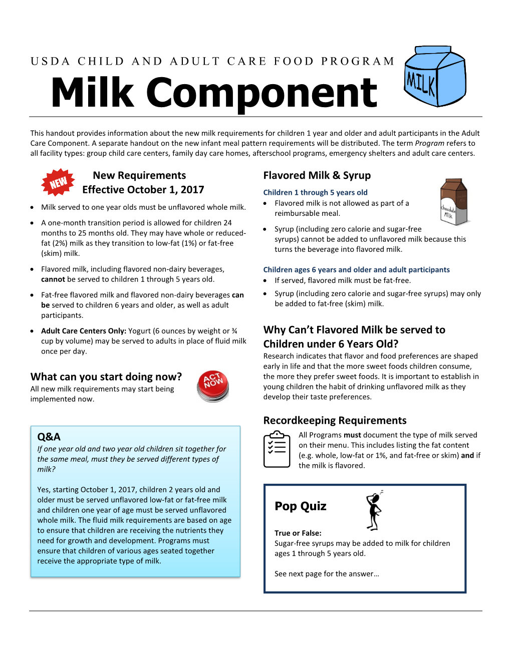 USDA Child and Adult Care Food Program Milk Component