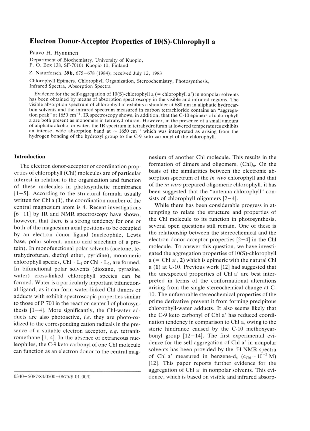 Electron Donor-Acceptor Properties of 10(S)-Chlorophyll a Paavo H