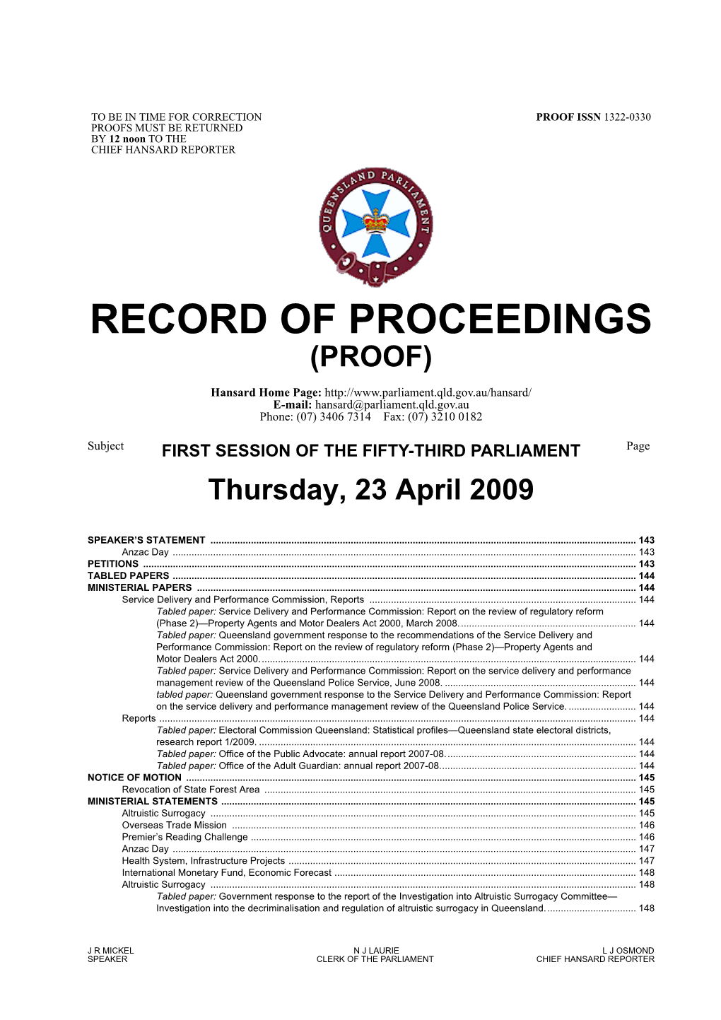 Record of Proceedings (Proof)