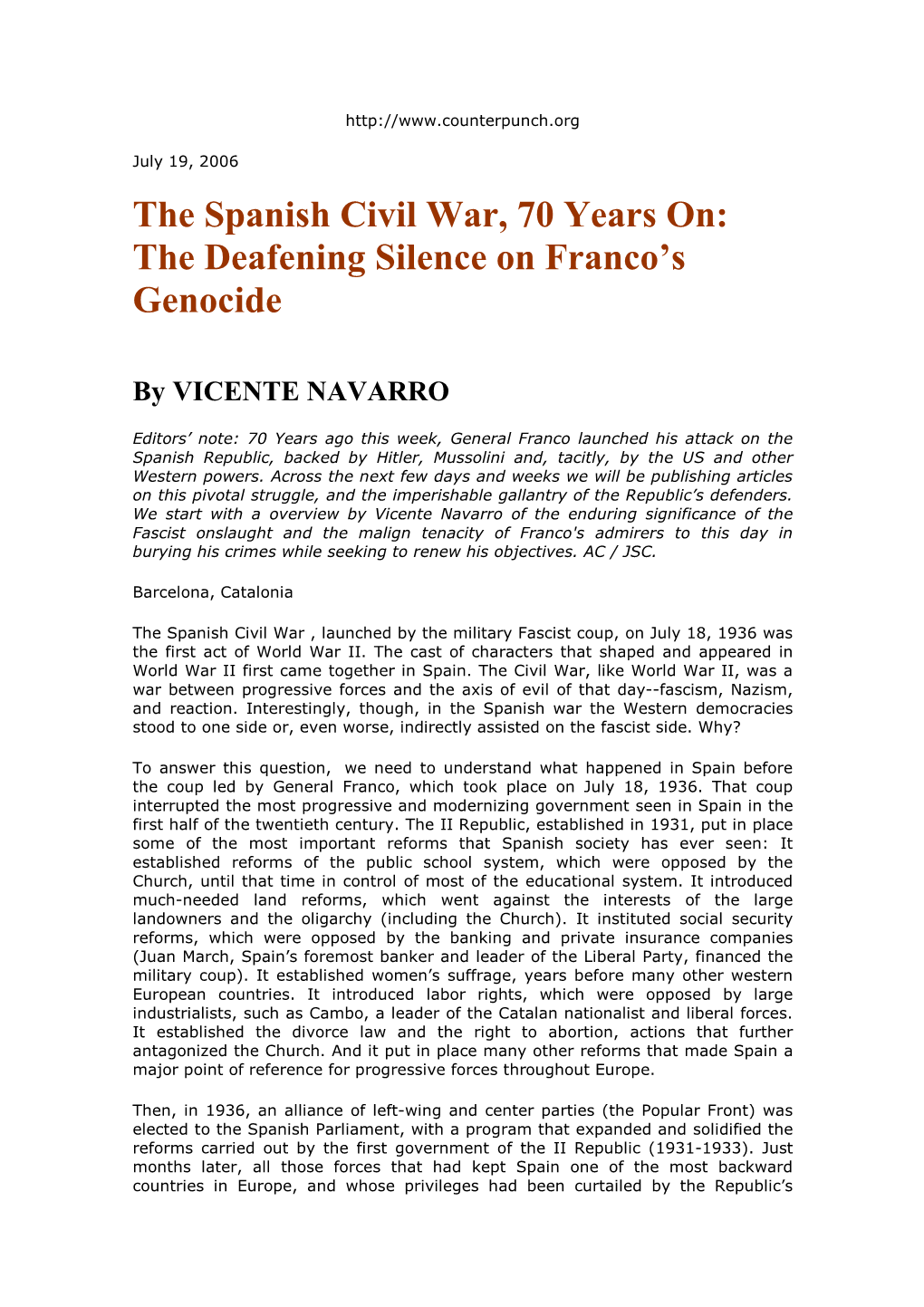 The Spanish Civil War, 70 Years On: the Deafening Silence on Franco’S Genocide