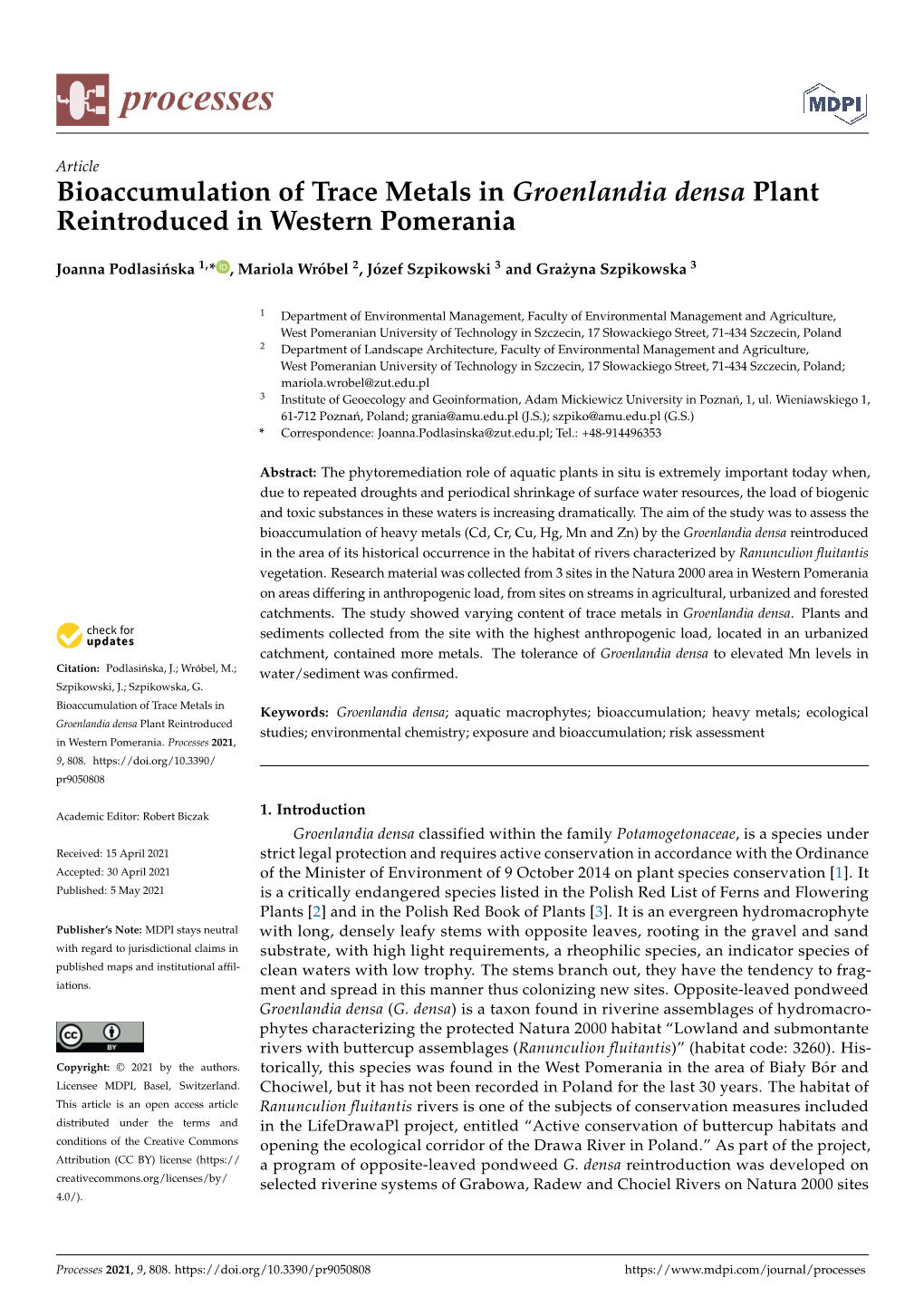 Bioaccumulation of Trace Metals in Groenlandia Densa Plant Reintroduced in Western Pomerania