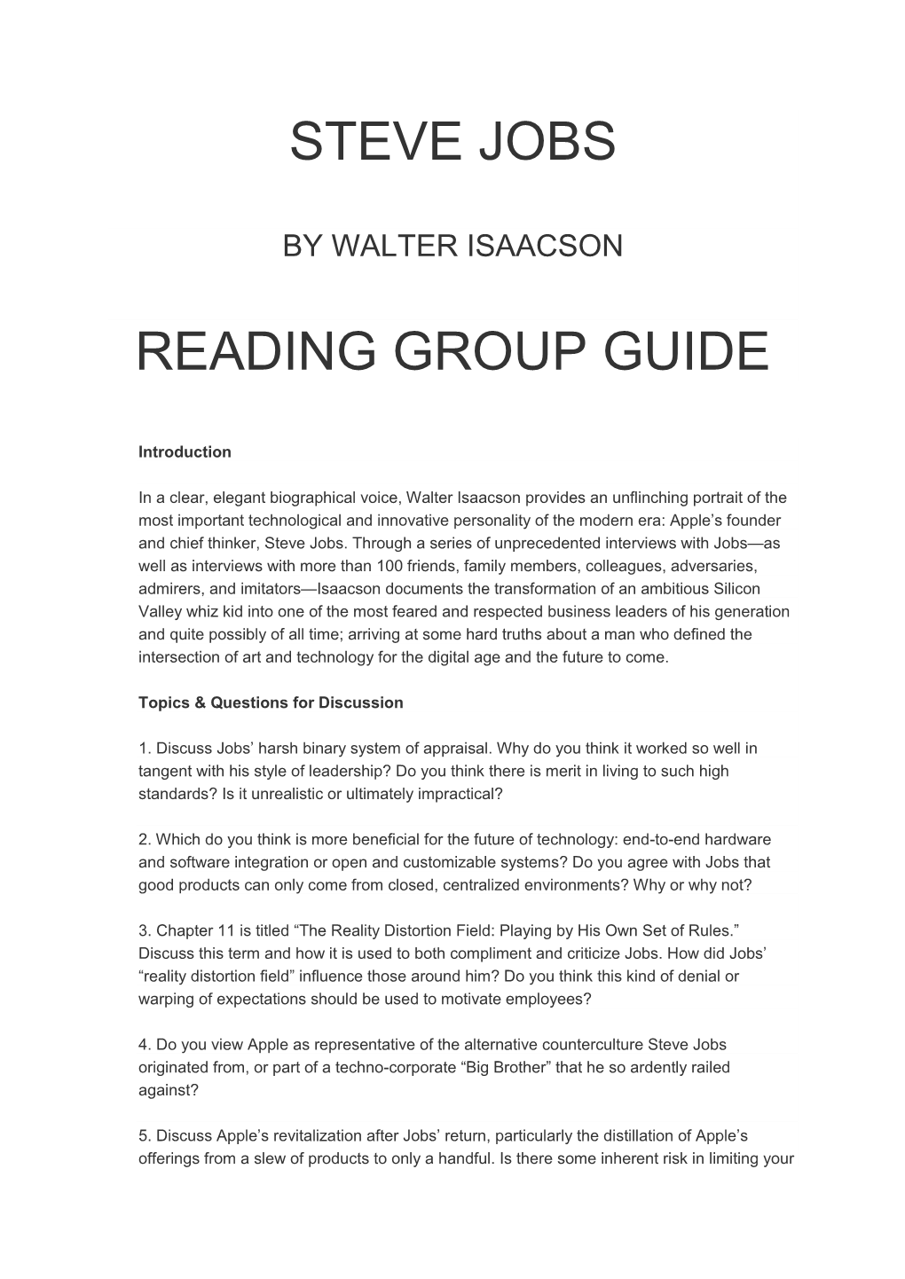 Steve Jobs Reading Group Guide