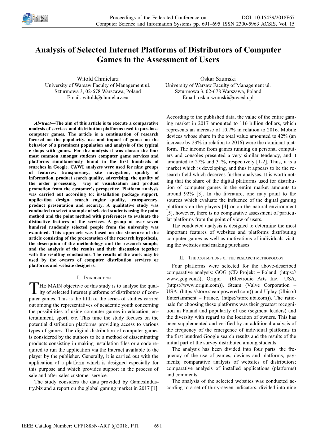 Analysis of Selected Internet Platforms of Distributors of Computer Games in the Assessment of Users