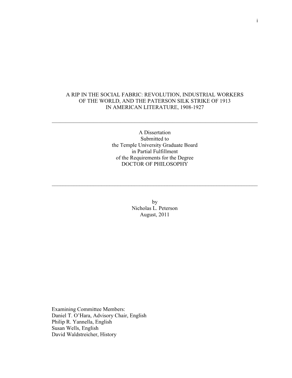 A Rip in the Social Fabric: Revolution, Industrial Workers of the World, and the Paterson Silk Strike of 1913 in American Literature, 1908-1927