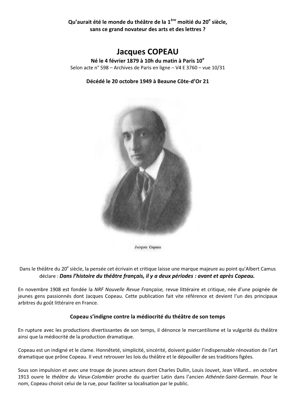 Jacques COPEAU Né Le 4 Février 1879 À 10H Du Matin À Paris 10E Selon Acte N° 598 – Archives De Paris En Ligne – V4 E 3760 – Vue 10/31