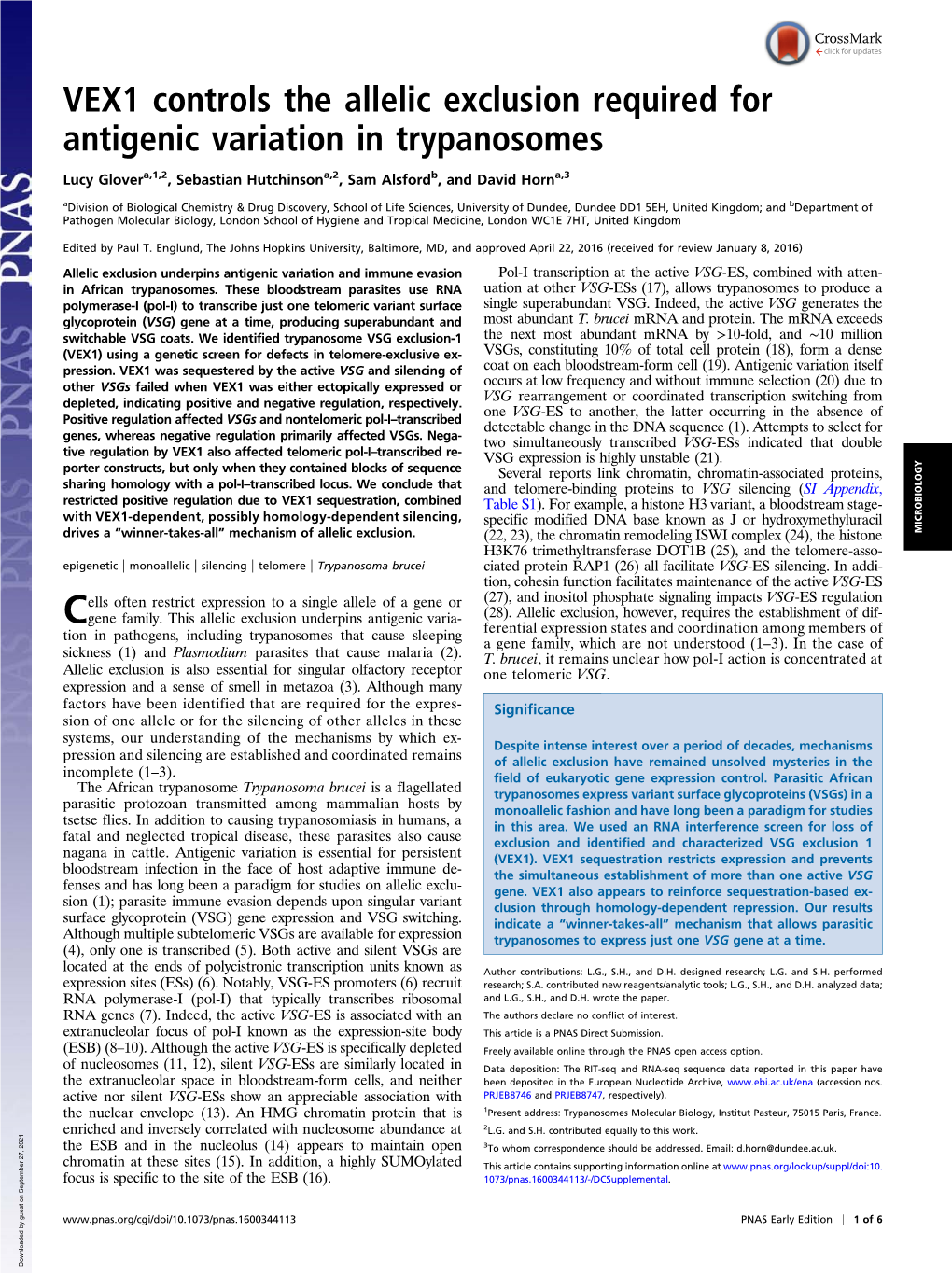 VEX1 Controls the Allelic Exclusion Required for Antigenic Variation in Trypanosomes