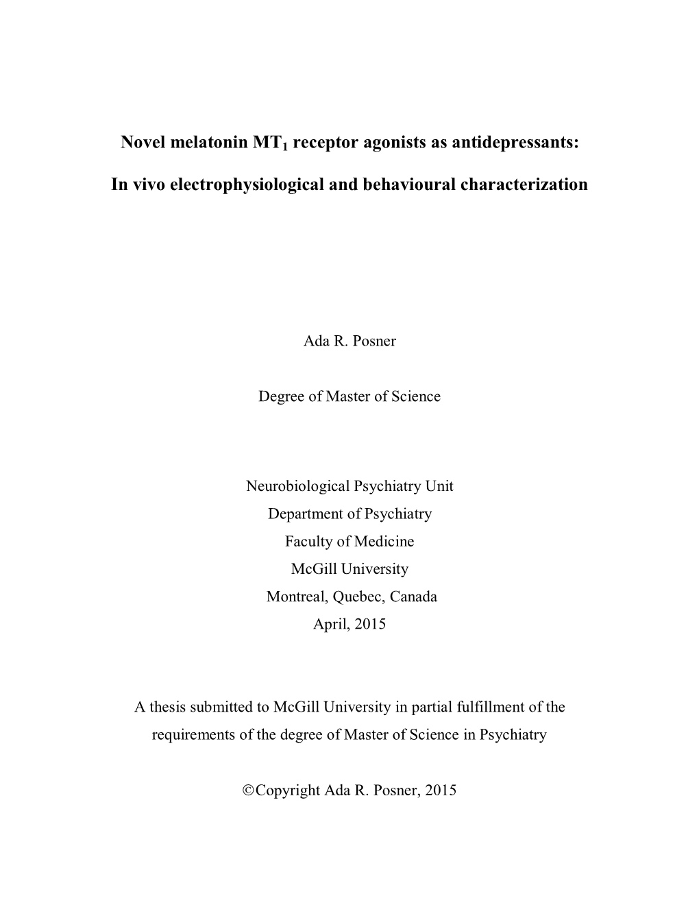 Novel Melatonin MT1 Receptor Agonists As Antidepressants