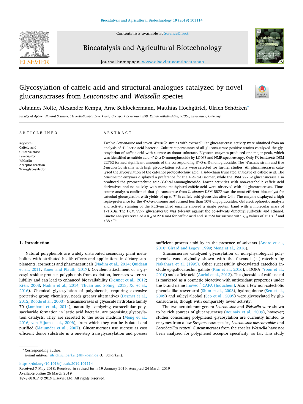 Glycosylation of Caffeic Acid and Structural Analogues Catalyzed by Novel Glucansucrases from Leuconostoc and Weissella Species