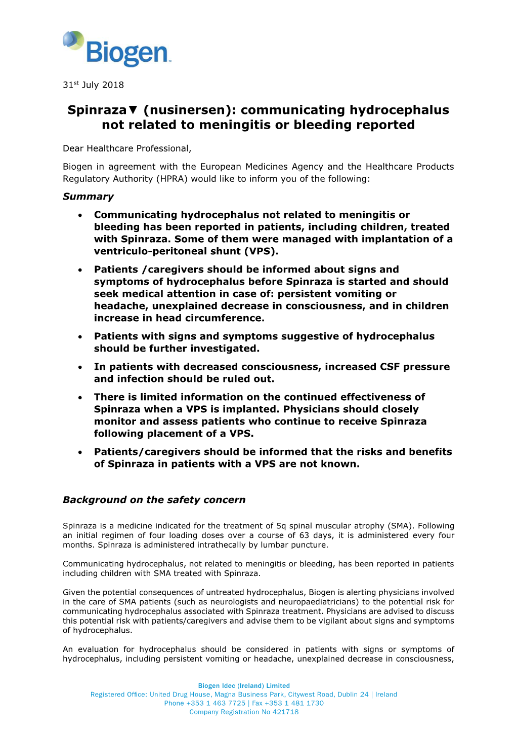 Spinraza (Nusinersen): Communicating Hydrocephalus Not