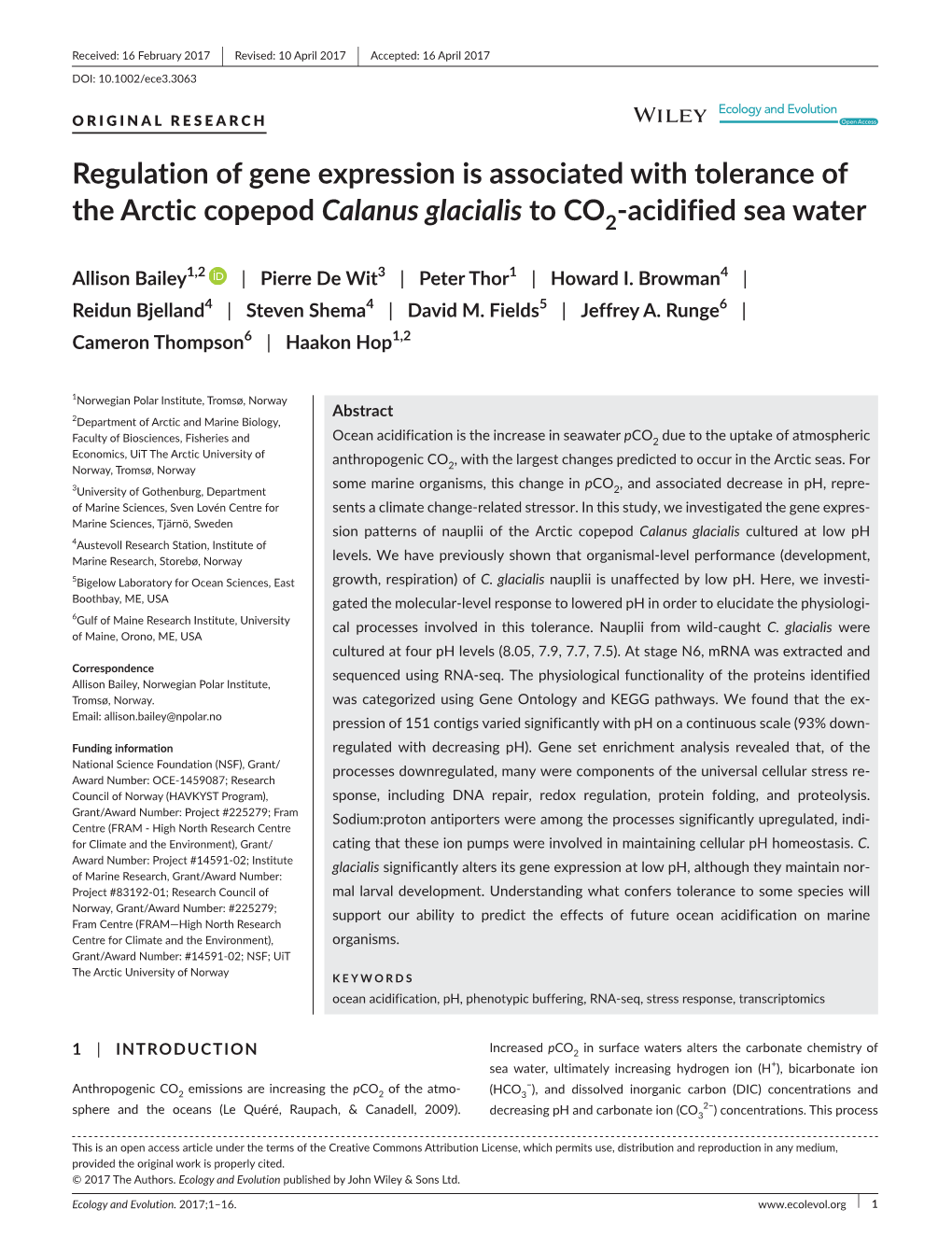 Regulation of Gene Expression Is Associated with Tolerance of the Arctic Copepod Calanus Glacialis to CO2&#X2010;Acidified S