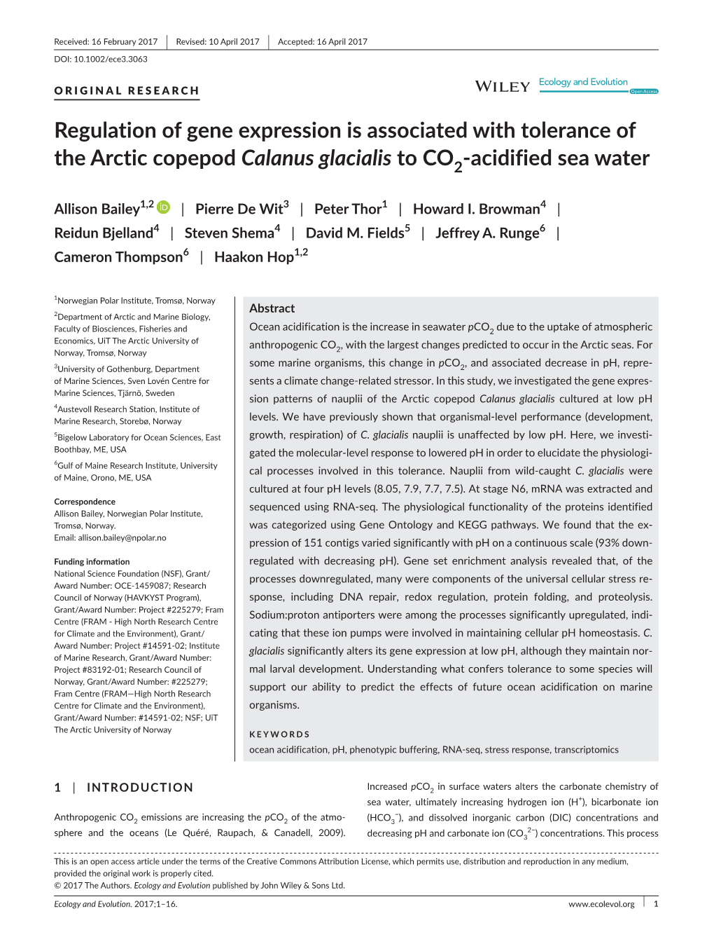 Regulation of Gene Expression Is Associated with Tolerance of the Arctic Copepod Calanus Glacialis to CO2‐Acidified S