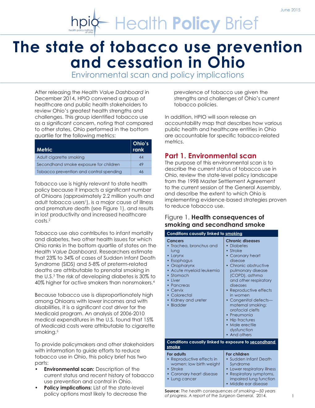 Health Policy Brief the State of Tobacco Use Prevention and Cessation in Ohio Environmental Scan and Policy Implications