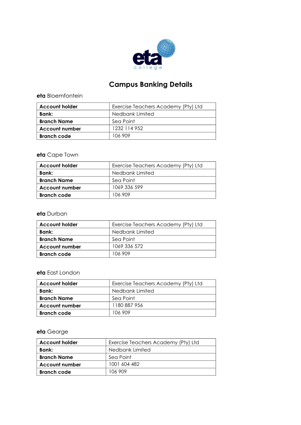 Campus Banking Details Eta Bloemfontein