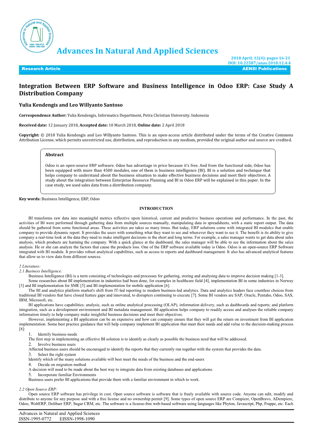 Advances in Natural and Applied Sciences 2018 April; 12(4): Pages 16-21 DOI: 10.22587/Anas.2018.12.4.4 Research Article AENSI Publications