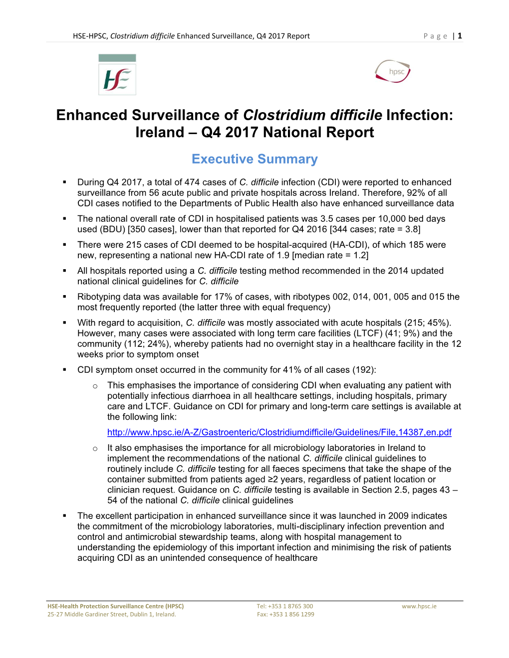 Enhanced Surveillance of Clostridium Difficile Infection: Ireland – Q4 2017 National Report