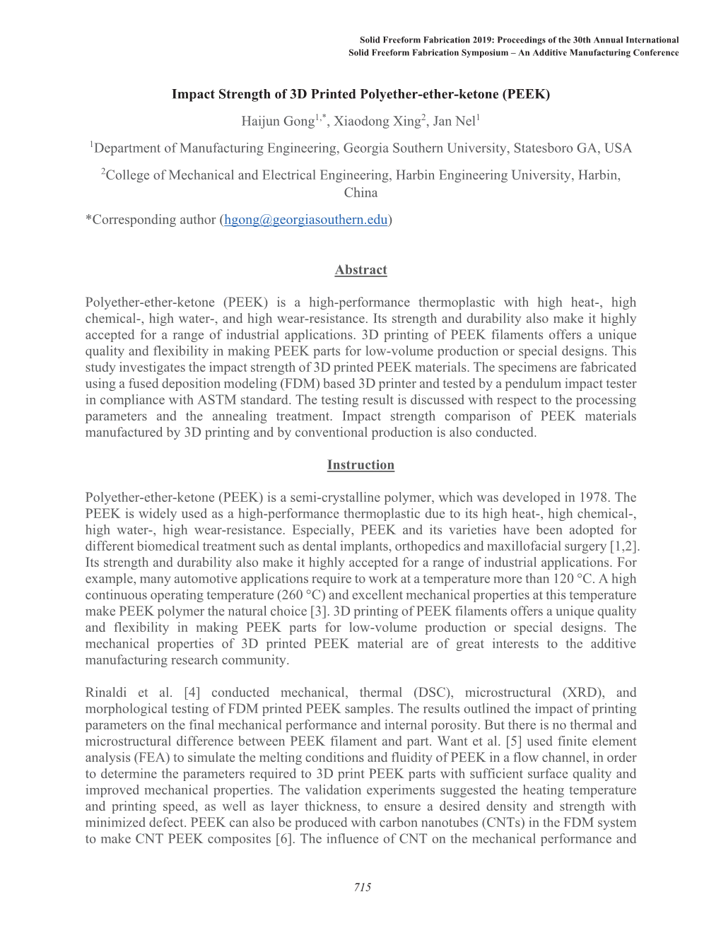 Impact Strength of 3D Printed Polyether-Ether-Ketone (PEEK)