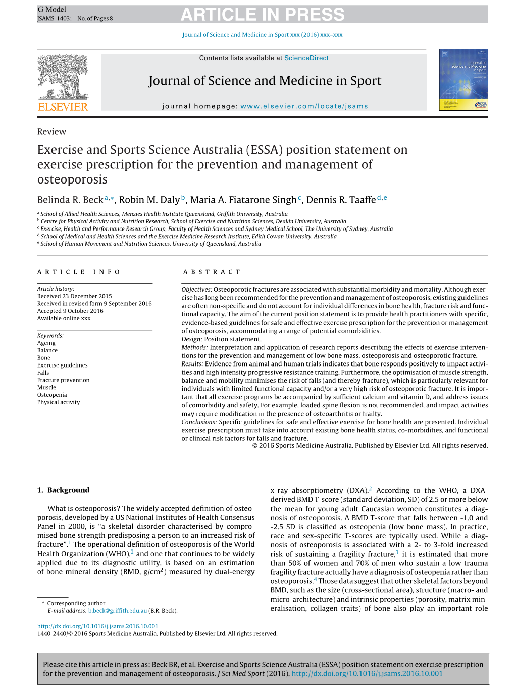 (ESSA) Position Statement on Exercise Prescription for the Prevention and Management of Os