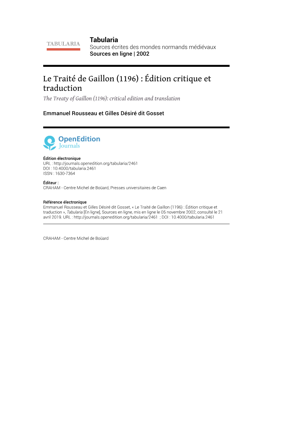 Le Traité De Gaillon \(1196\) : Édition Critique Et Traduction