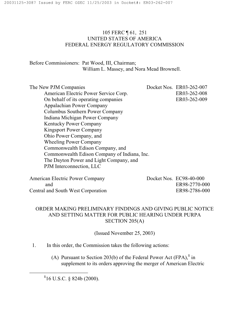 105 Ferc ¶ 61, 251 United States of America Federal Energy Regulatory Commission