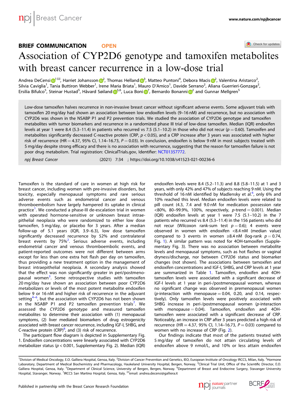 Association of CYP2D6 Genotype and Tamoxifen Metabolites with Breast Cancer Recurrence in a Low-Dose Trial