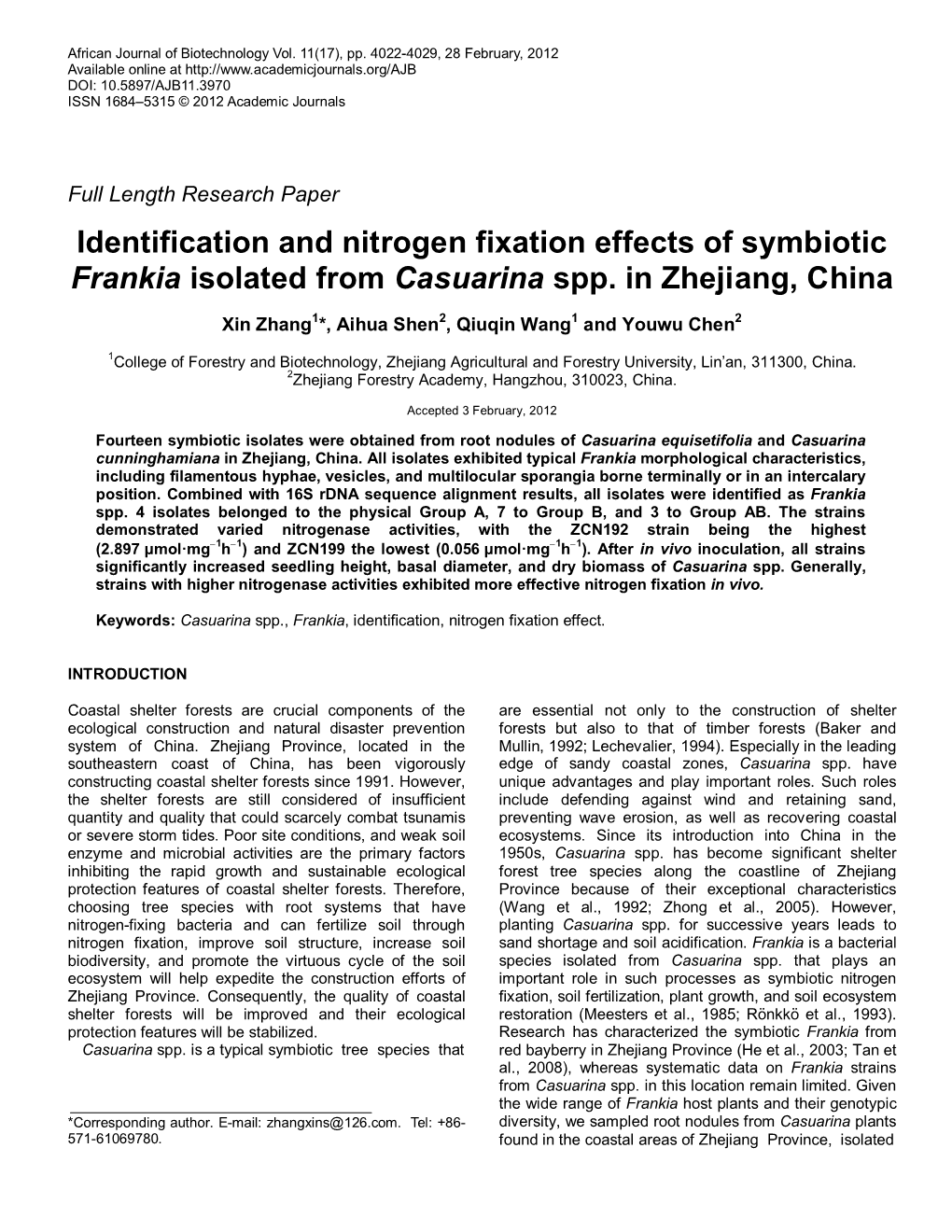 Identification and Nitrogen Fixation Effects of Symbiotic Frankia Isolated from Casuarina Spp