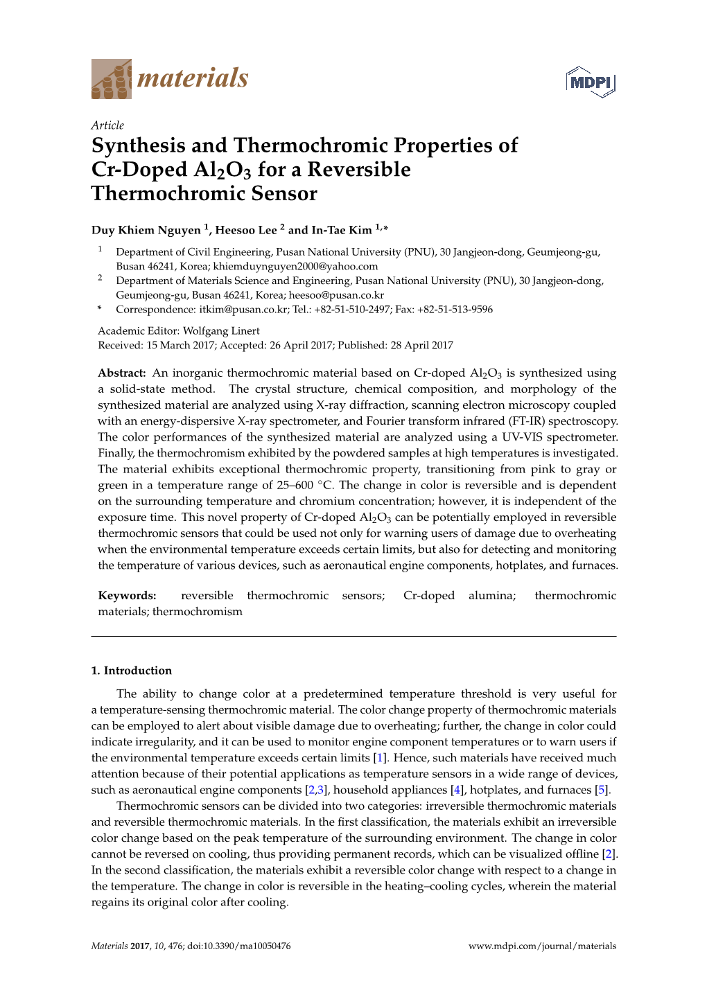 Synthesis and Thermochromic Properties of Cr-Doped Al2o3 for a Reversible Thermochromic Sensor