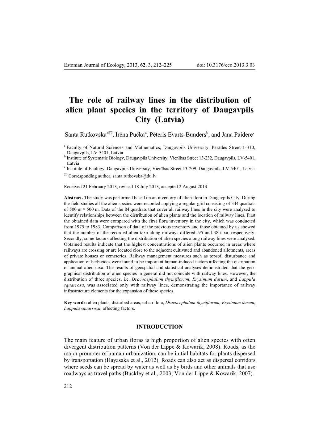 The Role of Railway Lines in the Distribution of Alien Plant Species in the Territory of Daugavpils City (Latvia)