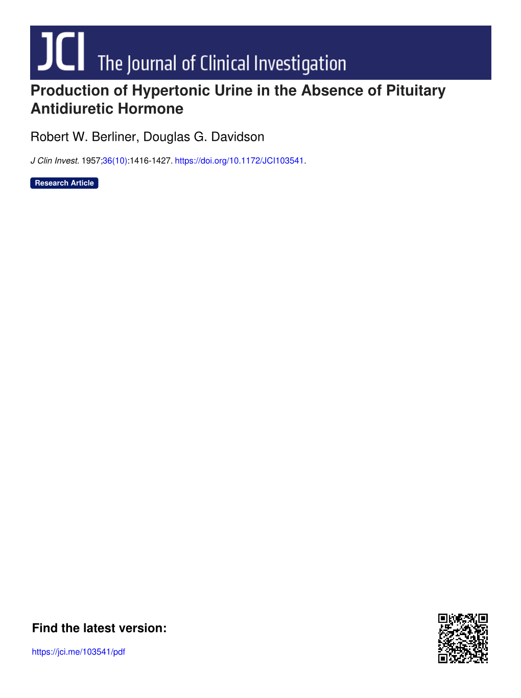 Production of Hypertonic Urine in the Absence of Pituitary Antidiuretic Hormone