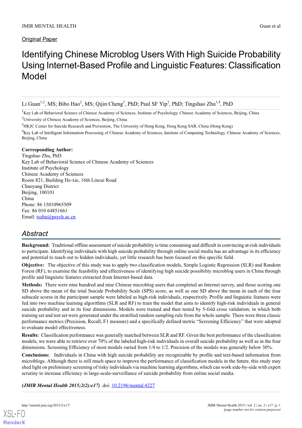 Identifying Chinese Microblog Users with High Suicide Probability Using Internet-Based Profile and Linguistic Features: Classification Model