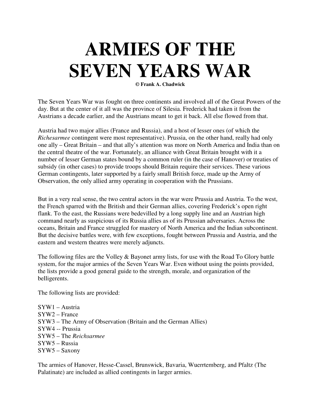 ARMIES of the SEVEN YEARS WAR © Frank A