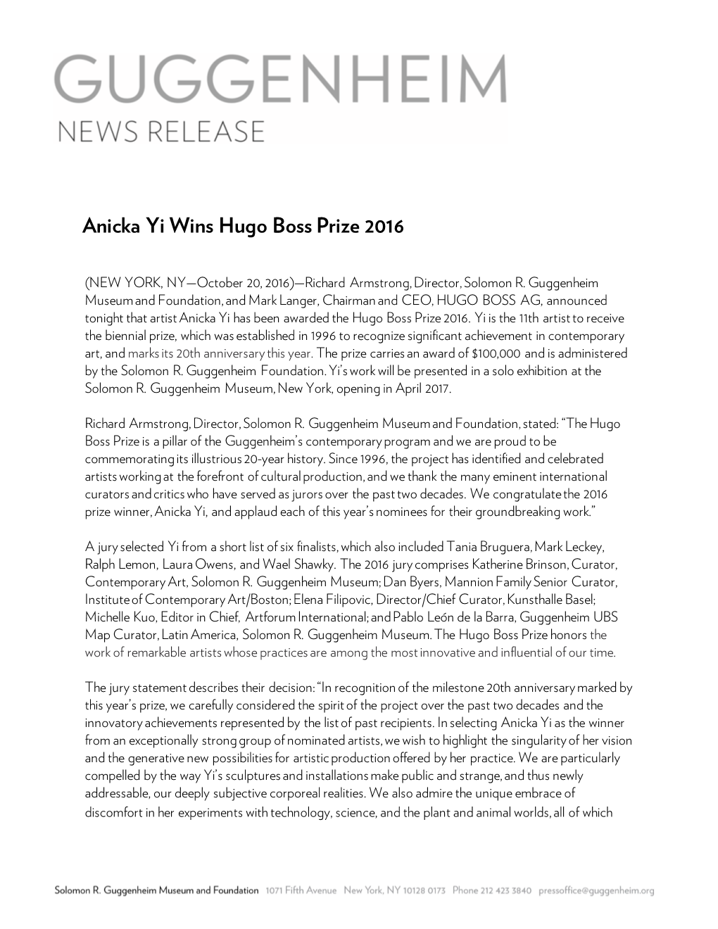 Anicka Yi Wins Hugo Boss Prize 2016