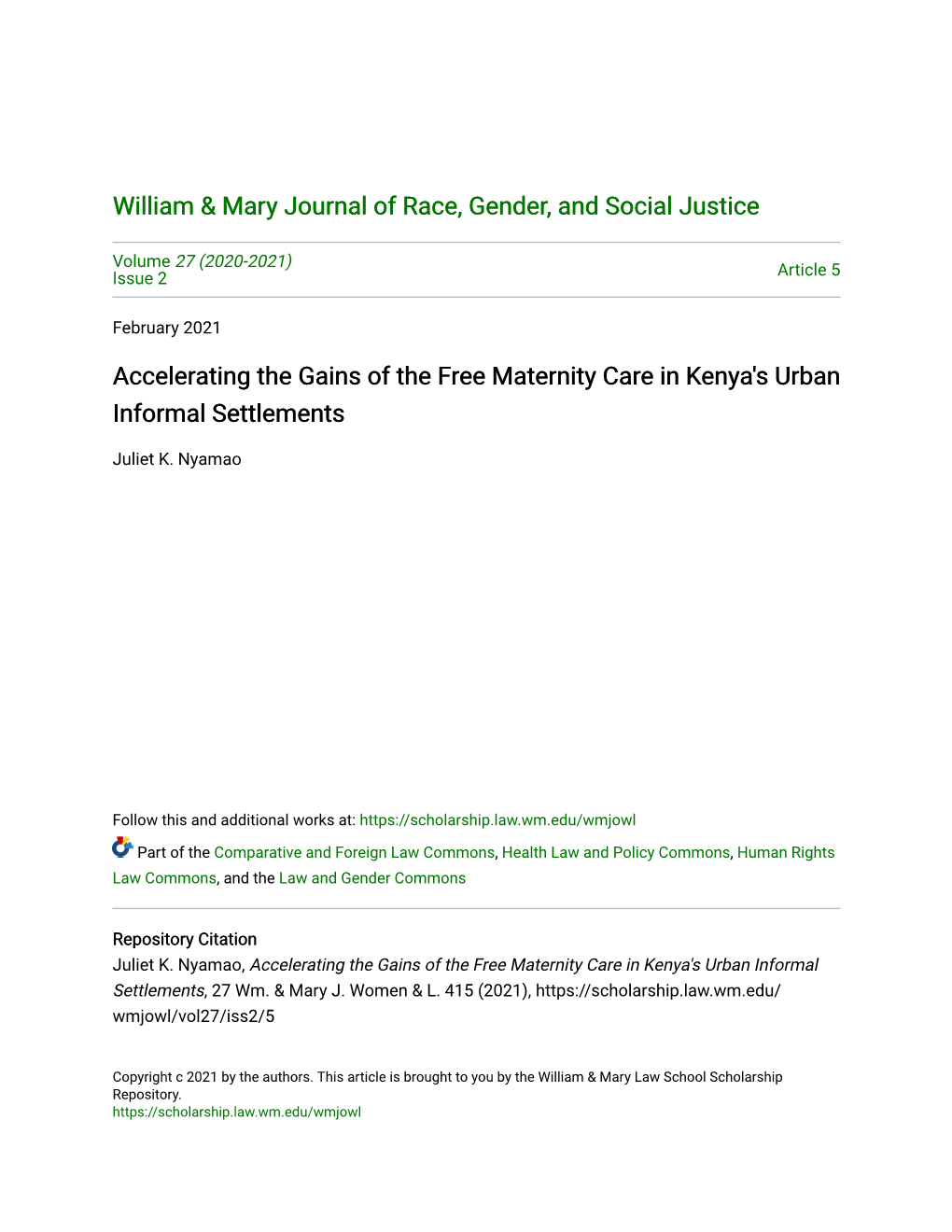 Accelerating the Gains of the Free Maternity Care in Kenya's Urban Informal Settlements