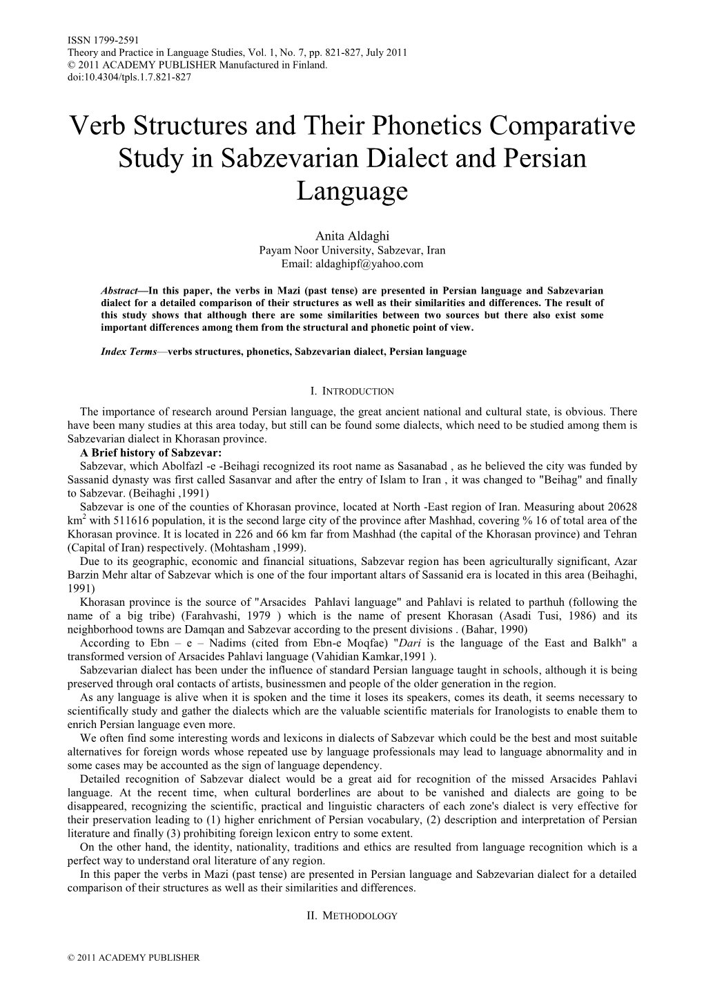 Verb Structures and Their Phonetics Comparative Study in Sabzevarian Dialect and Persian Language