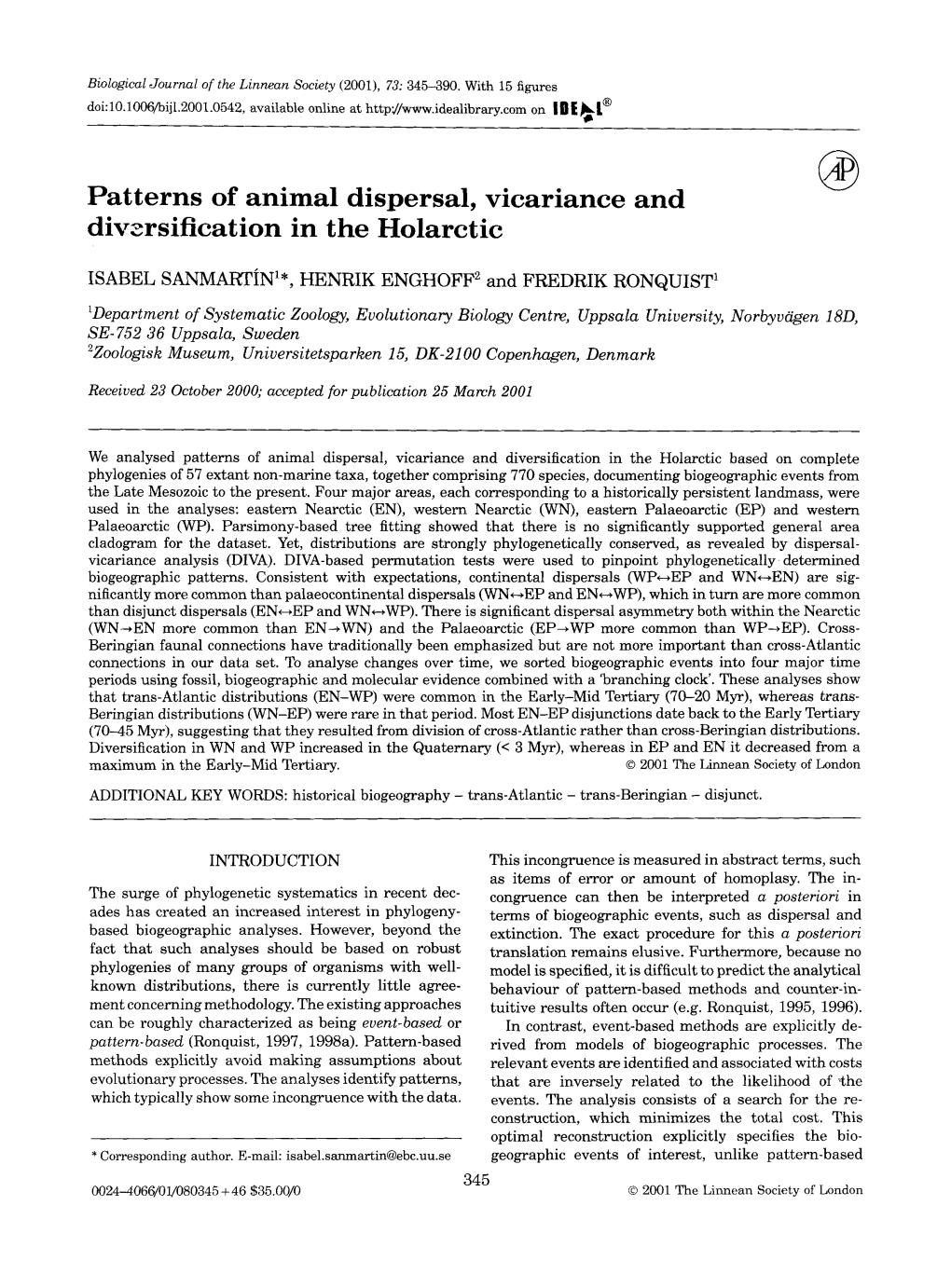 Patterns of Animal Dispersal, Vicariance and Diversification in the Holarctic