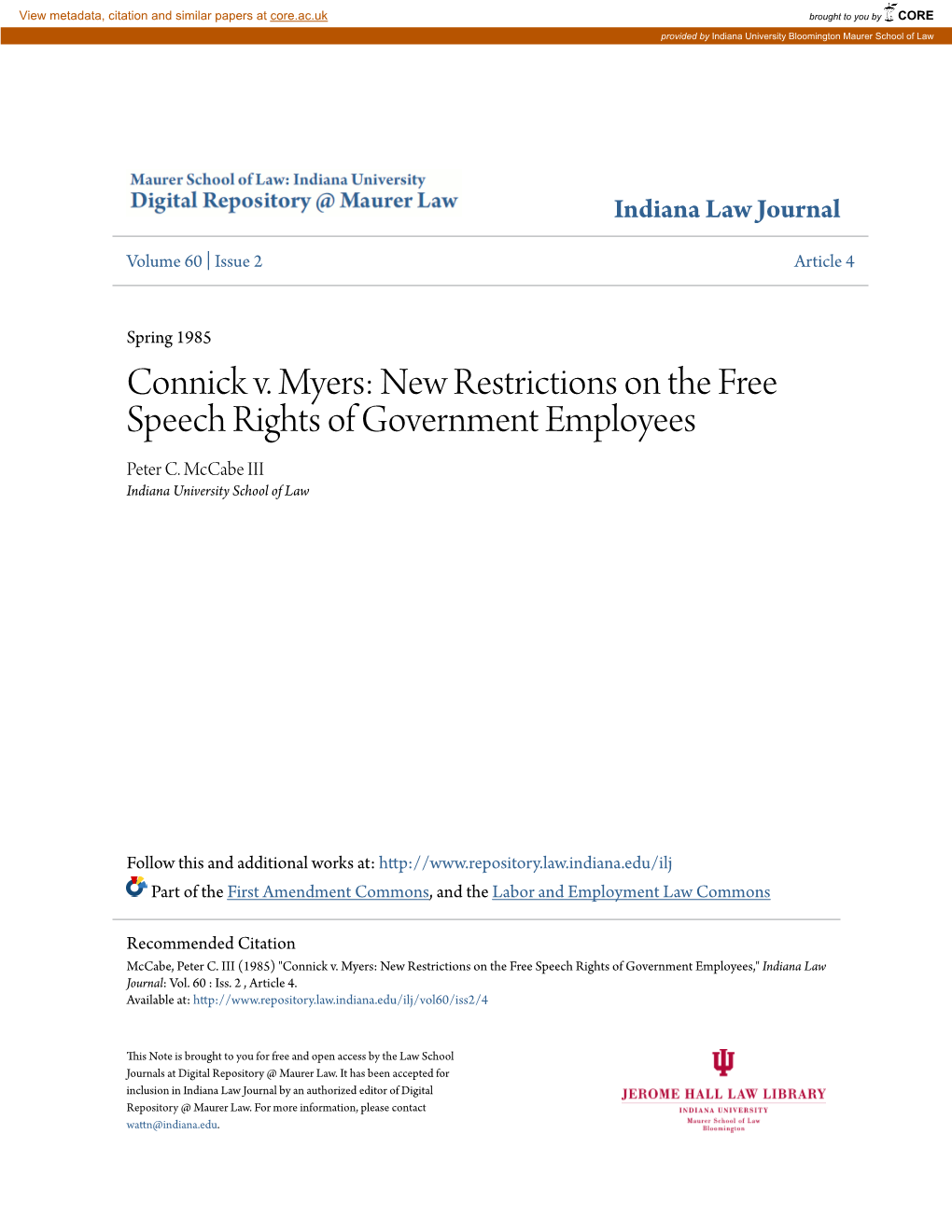 Connick V. Myers: New Restrictions on the Free Speech Rights of Government Employees Peter C