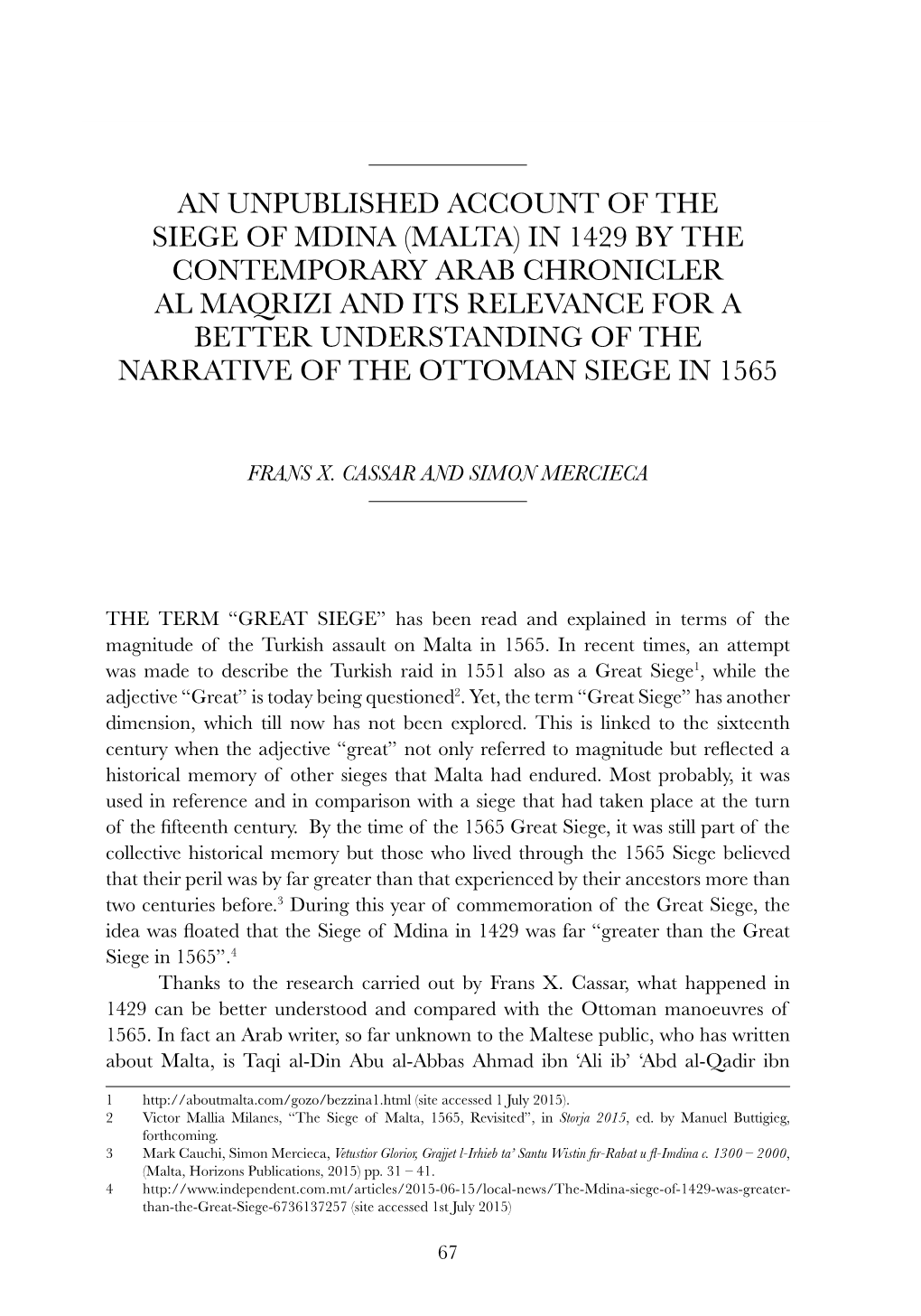 An Unpublished Account of the Siege of Mdina (Malta) in 1429