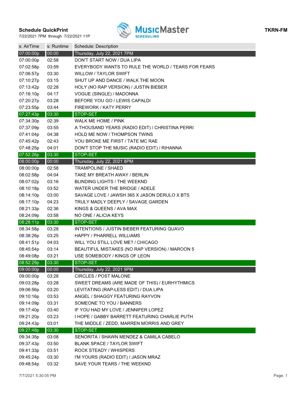 Schedule Quickprint TKRN-FM