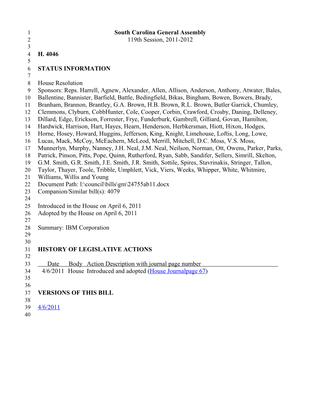 2011-2012 Bill 4046: IBM Corporation - South Carolina Legislature Online