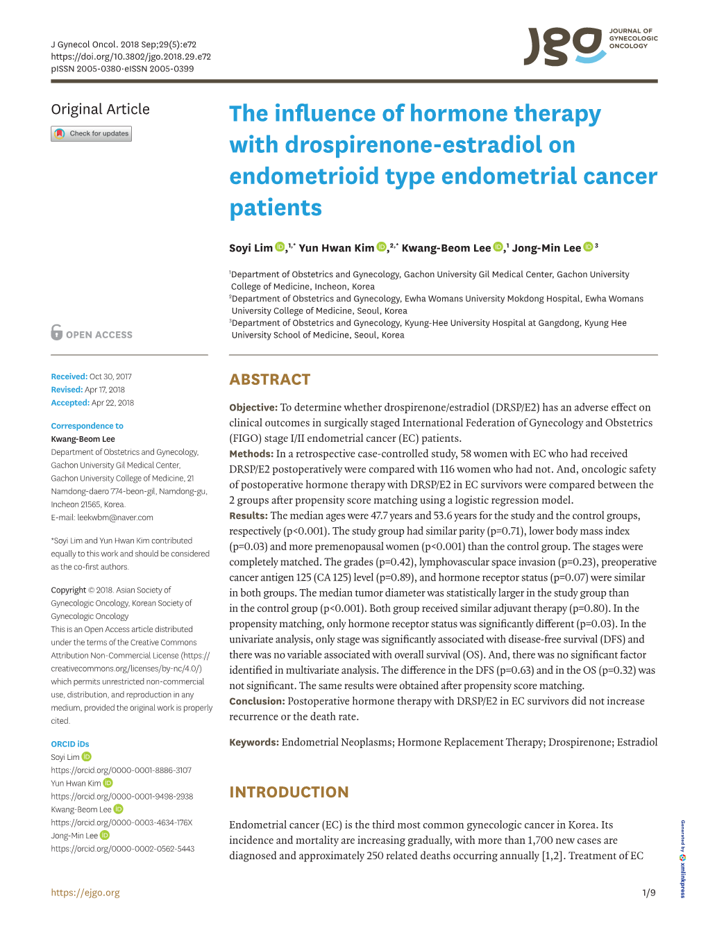 The Influence of Hormone Therapy with Drospirenone-Estradiol on Endometrioid Type Endometrial Cancer Patients