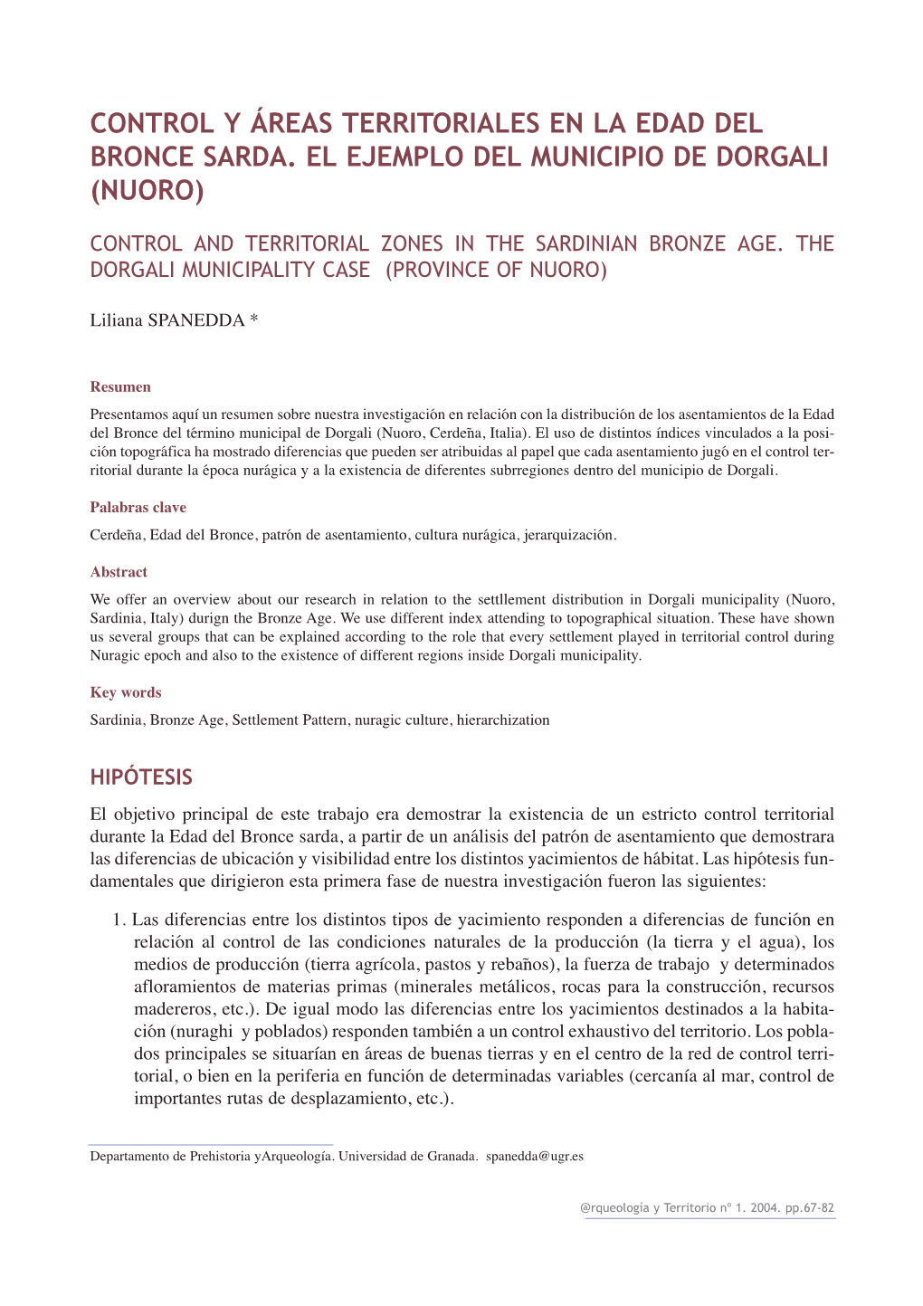 Control Y Áreas Territoriales En La Edad Del Bronce Sarda