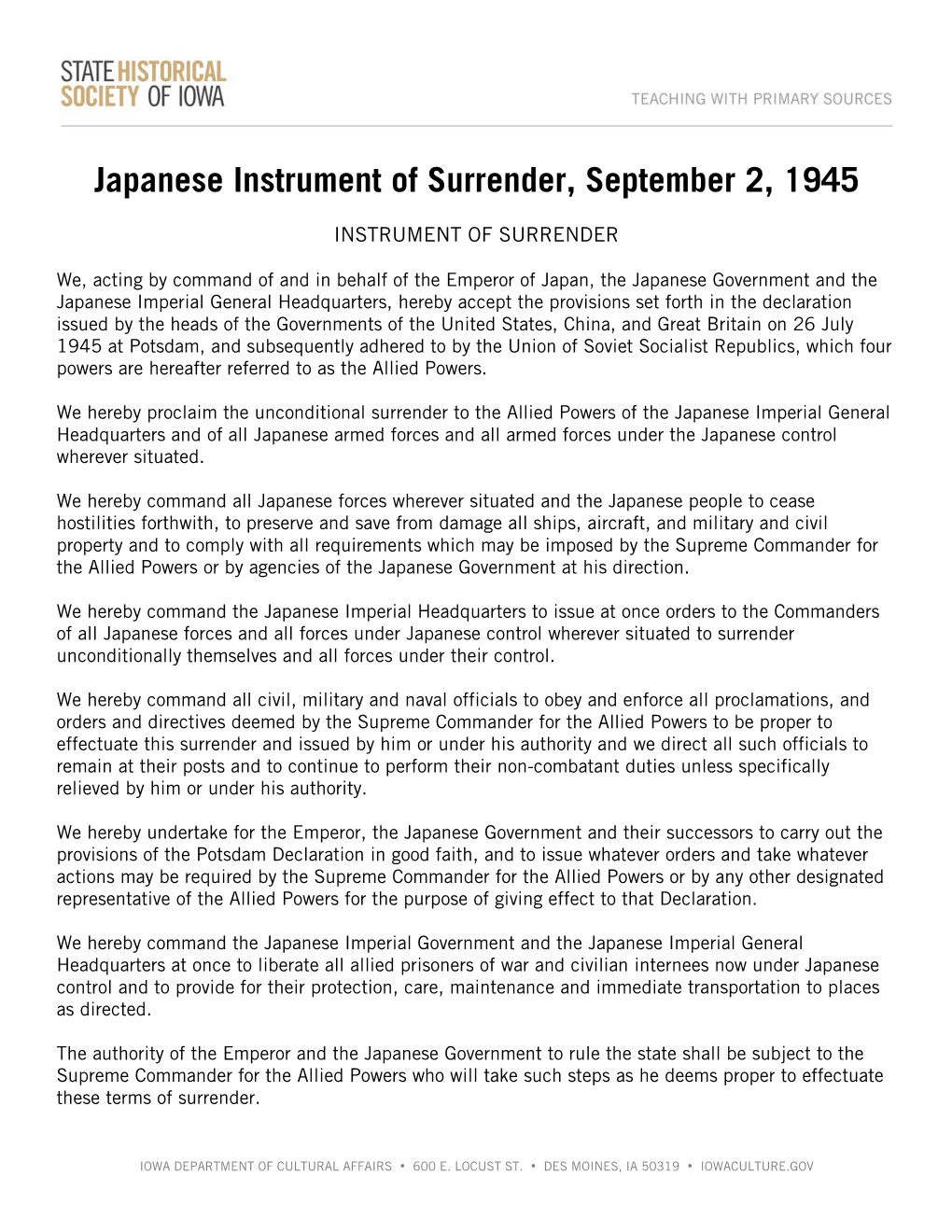 Japanese Instrument of Surrender, September 2, 1945