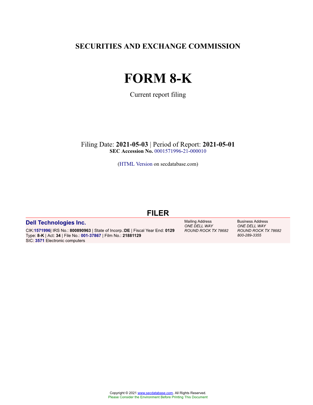 Dell Technologies Inc. Form 8-K Current Event Report Filed 2021-05