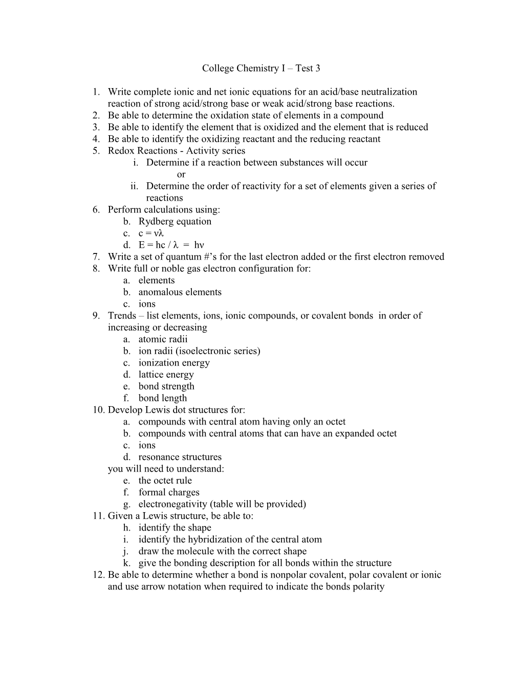 College Chemistry I Test 3