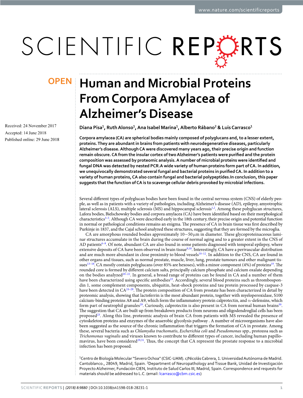 Human and Microbial Proteins from Corpora Amylacea of Alzheimer's