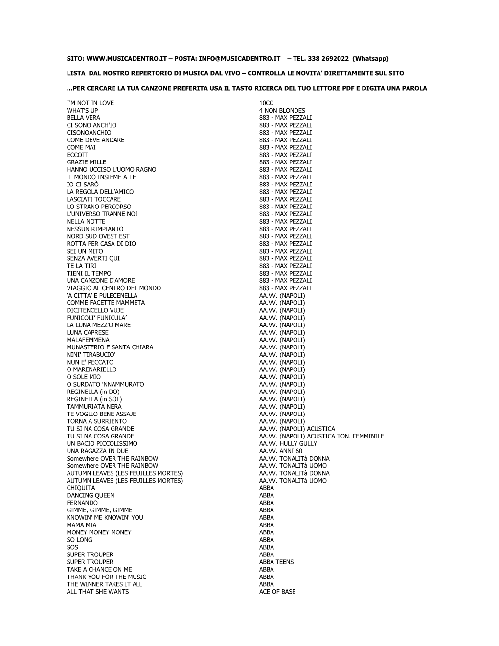 Lista Dal Nostro Repertorio Di Musica Dal Vivo – Controlla Le Novita’ Direttamente Sul Sito