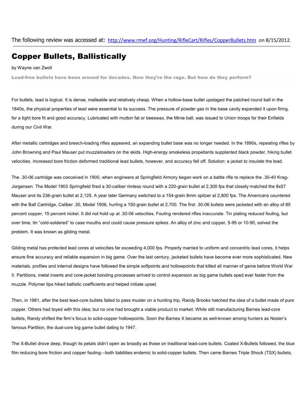 Copper Bullets, Ballistically by Wayne Van Zwoll