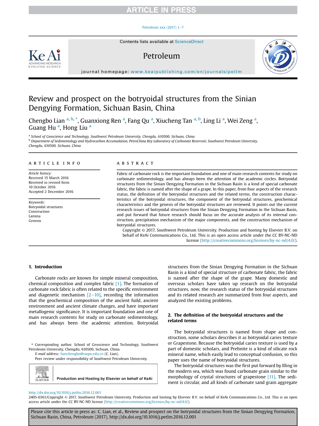 Review and Prospect on the Botryoidal Structures from the Sinian Dengying Formation, Sichuan Basin, China